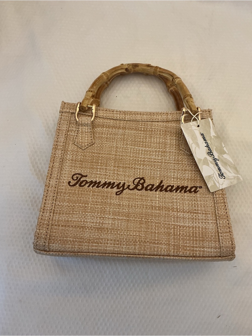Tommy Bahama Beige Straw Tote with Bamboo Handles